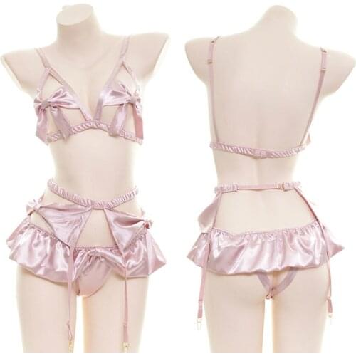 Women Bowknot Bikini Pajamas Set Japanese Kawaii Anime Underwear Open Bra Panties Garter Seducive Lingerie Set Exotic Apparel