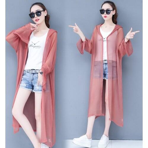 Hooded Beach Sun Protection Clothes Womens Long Fairy Cardigan Summer Lantern Sleeve Chiffon Shawl Take a Trip Outside