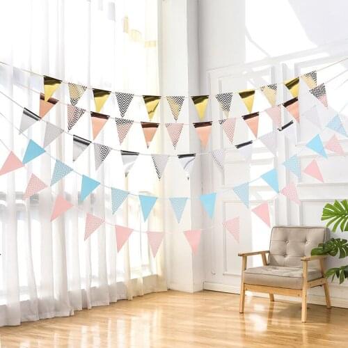 Wedding Decoration 5PCS Bronzing Pennant Wave Pull Flag Birthday Party Supplies Atmosphere Gold Silver Powder Blue Banner