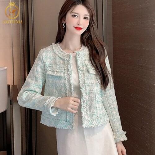 SMTHMA Women 2021 New Fashion Tassel Tweed Jacket Coat Vintage Long Sleeve Frayed Trim Female Outerwear Chic Tops