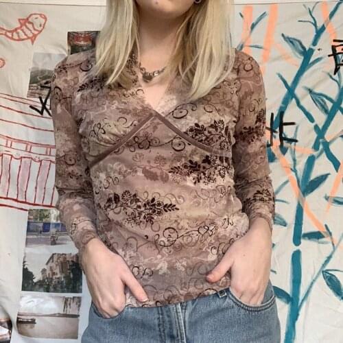 Goth Brown Floral Printing Cropped T Shirt Women V Neck Long Sleeve Mesh Tops Ladies Vintage Streetwear Clothes Aesthetic 2021