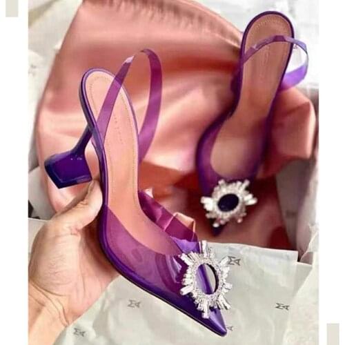 Termainoov Women Pumps High Heels Transparent PVC Rhinestone Button Big Size Party Shoes Sandals Dress Shoe Heeled