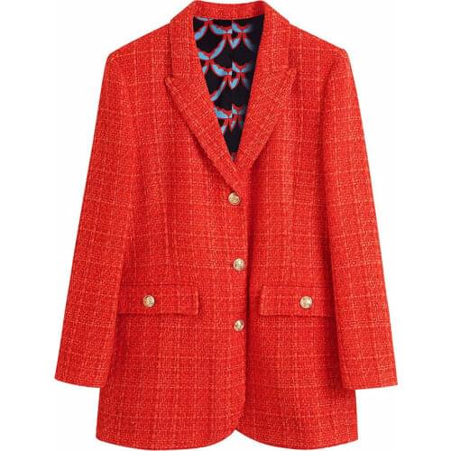 2021 Za Women New Fashion Single Breasted Tweed Check Print lining Slim Blazer Coat Vintage Long Sleeve Pockets Female Outerwear