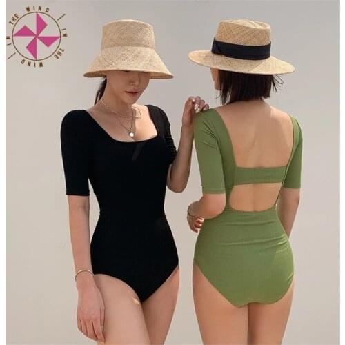 2021 Japan Monokini Black Swimsuit Women Leotard Women Bathing Suit Short Sleeve Open Back Sexy One Piece