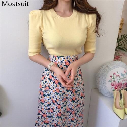 2020 Summer Korean Fashion Two Piece Skirt Sets Women Yellow Knitted Tops + High Elastic Waist Printed Long Skirt Elegant Suits