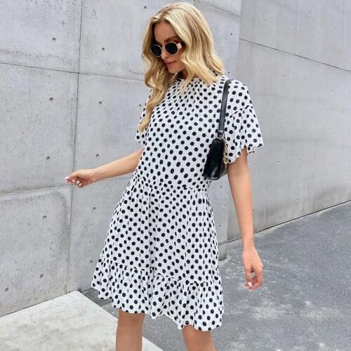 Leosoxs Summer New Fashion Sexy Casual O Neck Women Dress Bohu Short Sleeve Tunic Polka Dot Loose Ruffle Patchwork Ladies Dress