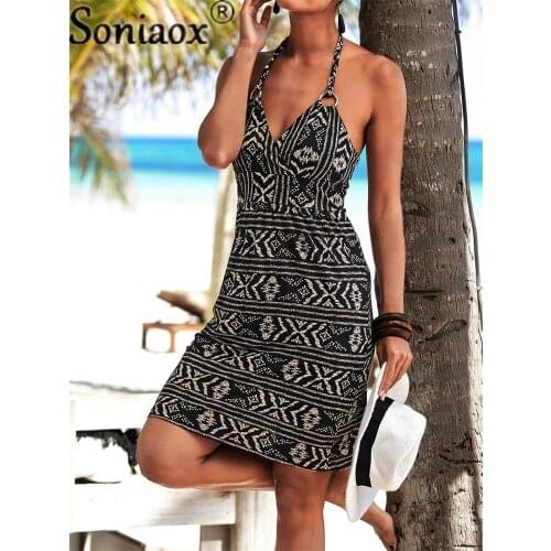 New Iron Ring Halter Backless Dress Sexy High Waist Floral Print Retro Party Dress Summer Sleeveless A-Line Beach Dress Vestido