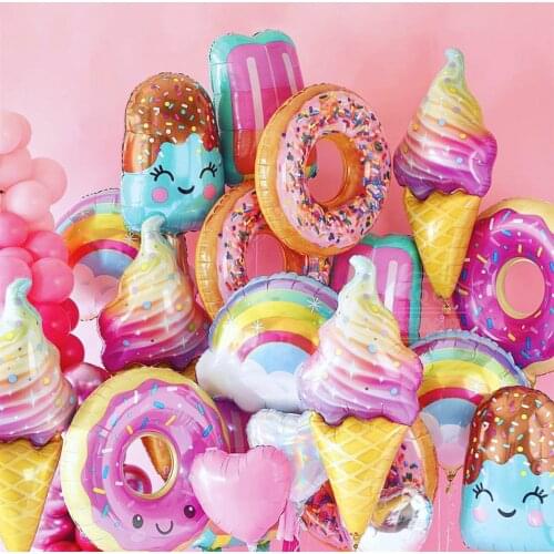 1pcs Pink Donuts Ice Cream Popcorn Foil Balloons Baby Shower Happy Birthday Decorations Inflatable Helium two Sweet Kids Toys