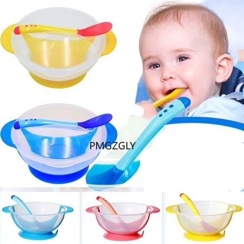 2Pcs/set Baby Learning Dishes With Suction Cup Kids Safety Dinnerware Set Assist Bowl Temperature Sensing Spoon Fork Tableware