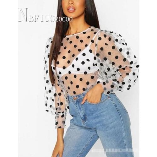 2021 Sexy Patchwork Transparent Women Blouse Polka Dot Long Sleeve Female Blouses
