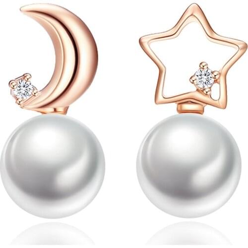 Asymmetrical Star Moon Pearl Cubic Zirconia 925 Sterling Silver Stud Earrings For Women Dainty Creative Jewelry Wholesale