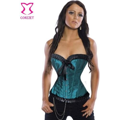 Elegant Dark Green Satin Tight Lacing New Corset Women Bustier Sexy Gothic Lingerie Corselet Overbust Steampunk Corsets Corsage