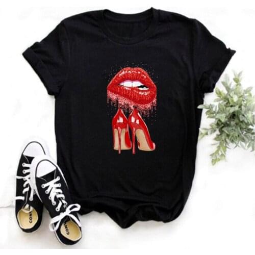 Mayos Harajuku Bright Red Lips Print T-shirt Ladies Cartoon Grunge T-shirt Ullzang T-shirt Ladies 2020