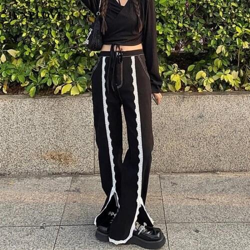JuneLove Patchwork Lace Plus Size Split Denim Pant Mom Slit Jeans Trouser Boyfriend Women Streetwear Harajuku Fashion Punk Goth