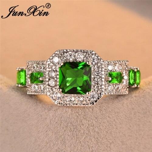 JUNXIN Vintage Square Birthstone Engagement Rings For Women Men White Gold Princess Stone Green Blue Black Zircon Ring Female CZ