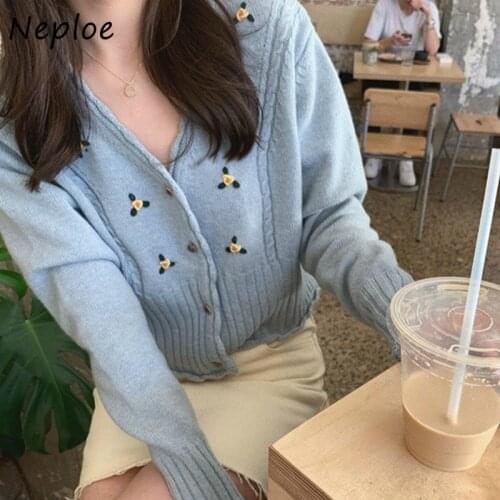 Neploe Embroidery Cardigans Women French Sweet Single Breasted Long Sleeve Female Sweater Korean Slim Fit Lady Coats 1E740
