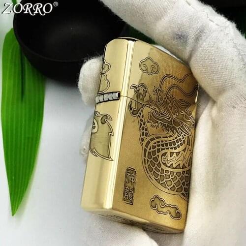 Zorro Kerosene Lighter Pure Copper Brass Carving Classic Surround Dragon Pattern Gasoline Lighter Men Gift Outside Tool