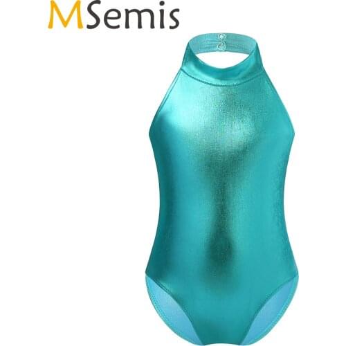 Halter Neck Ballet Dance Leotards for Girls Shiny Metallic Gymnastics Rompers Sleeveless Leotard Kids Wear Spandex Costume