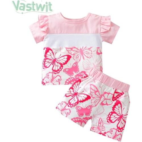 Baby Girls Clothes Set First 1st Birthday Outfit Summer Baby Butterfly Print Stitching Tops+Shorts 2pcs Clothing Kid Wear Sets