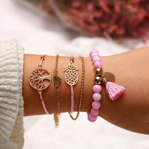PPG&PGG 5 Pcs/Set Bohemian Tassel Beads Charm Bracelets Set For Women Girls Fashion Pineapple Heart Geometric Bracelet Jewelry
