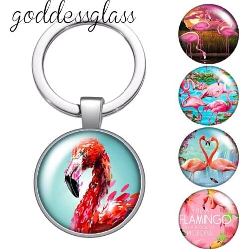 Fashion Flamingo Love animals Round glass cabochon keychain Bag Car key chain Ring Holder Charms keychains for gift