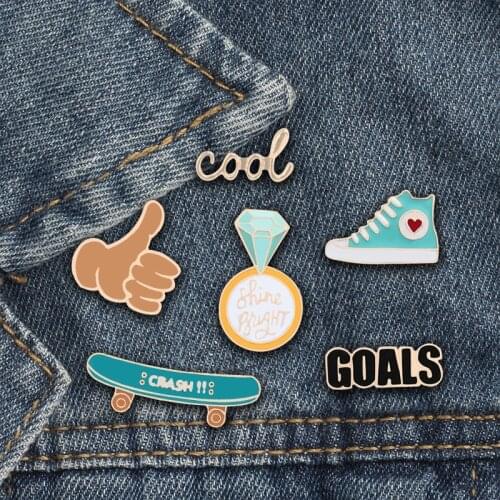Cartoon Icons Letter GOALS COOL OMG Brooch Skateboard Shoe Enamel Pins Denim Jackets lapel Pin Women Men Jewelry Colleceion Gift