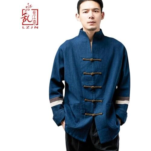 LZJN Mens Chinese Traditional Cotton Linen Tai Chi Tang Suit Stylish Shirt Kung Fu Suit Clothing with Pockets