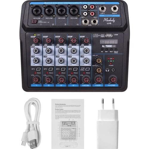 Muslady U6 Musical Mini Mixer 6 Channels Audio Mixers BT USB Mixing Console with Sound Card Built-in 48V Phantom Power