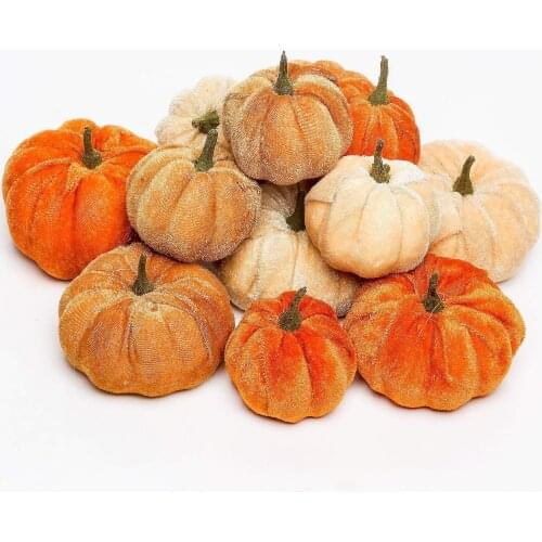12pcs Set Handmade Velvet Pumpkin Cushion Artificial Mini Pumpkin Ornaments Cute Soft Stuffed Pumpkin Halloween Party Decor