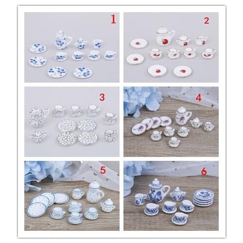New 15Pcs 1/12 Doll House Miniature Kitchen Flower Patten Porcelain Coffee Tea Cups Ceramic Tableware Accessories