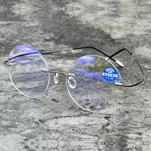 Men Women Blue Light Blocking Ultralight Rimless Round Portable Frameless Reading Glasses +0.75 +1 +1.25 +1.5 +1.75 To +4