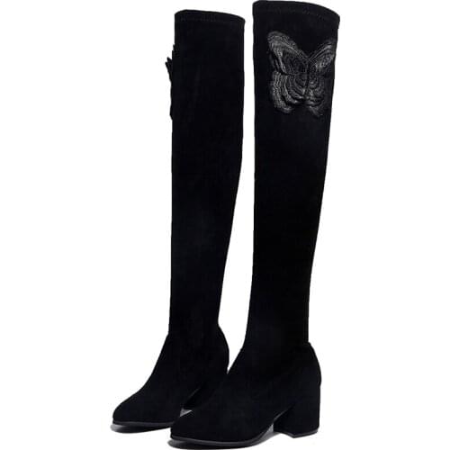 Autumn And Winter One Pedal Coarse With Overknee Elastic Force Boots Woman Rhinestone Butterfly Knight With Down Noodles Woman