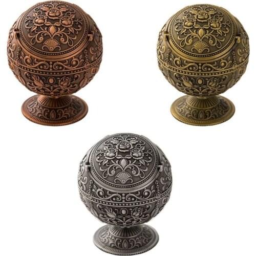 Ash Bowl with Cover Creative Personality Metal Spherical Rose Pattern Globe Decoration Household Smoke Cylinder