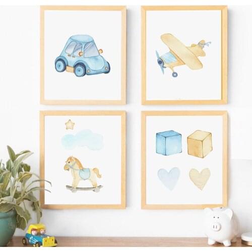 Water color Car Aircraft Train Tree Boy Toy Nordic Poster and Prints Wall Art Canvas Painting Wall Pictures Baby Kids Room Decor