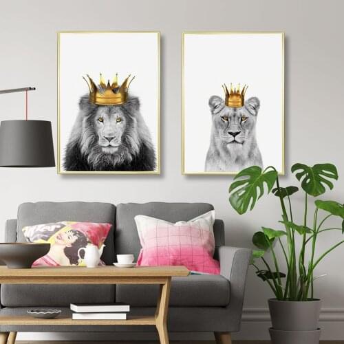 Animals Poster Golden Crown Canvas Painting Lion King Queen Wall Art Print Modern Picture For Living Room On The Wall Home Decor