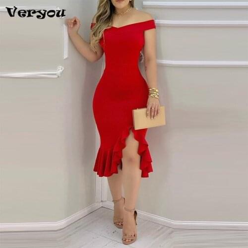 Spring Summer Women Glitter Or Solid Color Off Shoulder Short Sleeve Ruffles Slit Dress Skinny Party Sexy Ladys Elegant Dress