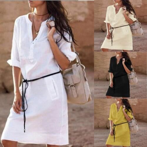 Casual Street Fashion Womens Wear Long-Sleeve Tunic Dress With Pocket Soild Color Knee-Length Dress Button Collar Shirt Ladies