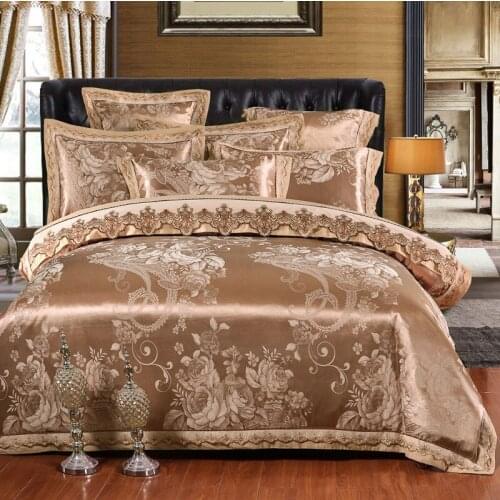 Luxury Royal Bedding set Stain Jacquard Cotton Lace Double King Queen Bed sheet set Duvet cover Fit sheet Pillowcase 4/6pcs gold