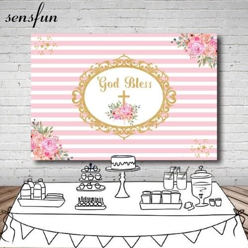 Sensfun Baby Shower Baptism Pink White Striped Backdrop Flowers Gold Frame Gold Bless Photography Backgrounds For Photo Studio