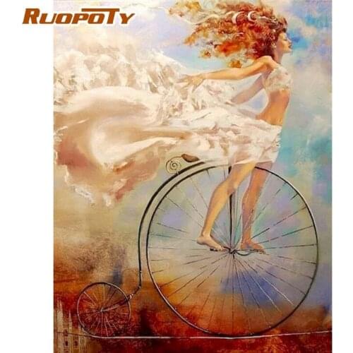 RUOPOTY Bike Girl Figure Oil Painting By Numbers Kits DIY Framed 60x75cm Picture By Number Acrylic Color Canvas Home Decoration