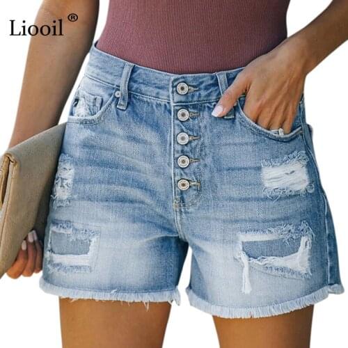 Patchwork Ripped Button Up Stretch Jeans Shorts Women Mid Waist Streetwear Cotton Pockets Wash Distressed Sexy Hole Denim Shorts