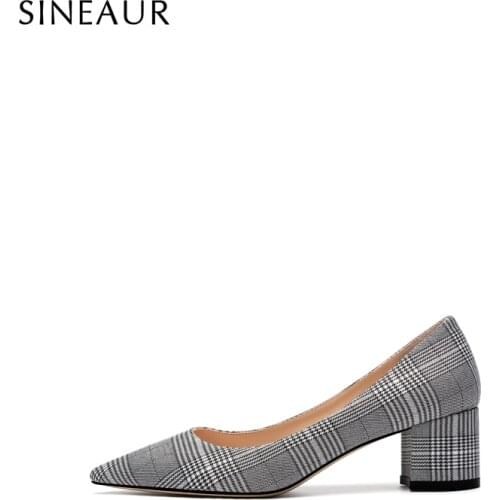 SINEAUR Women Shoes 2021 Fashion Mid-heel Chunky Pumps Plaid Fabric Woman Pointed Toe Office Ladies Footwear Plus Size 35-45