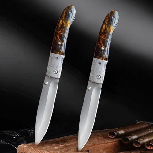 Pattern Steel Sheet + Resin Handle Folding Knifes 5CR15 MOV High Hardness Mirror Blade Self-Defense Collection Fruitlittle Knife