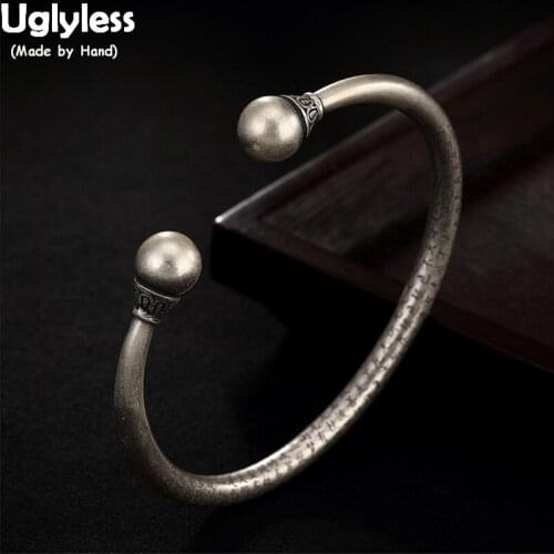 Uglyless Real Silver Classic Balls Open Bangles for Buddhists 99% Full Silver Heart Sutra Gifts Bangles Vintage Unisex Jewelry