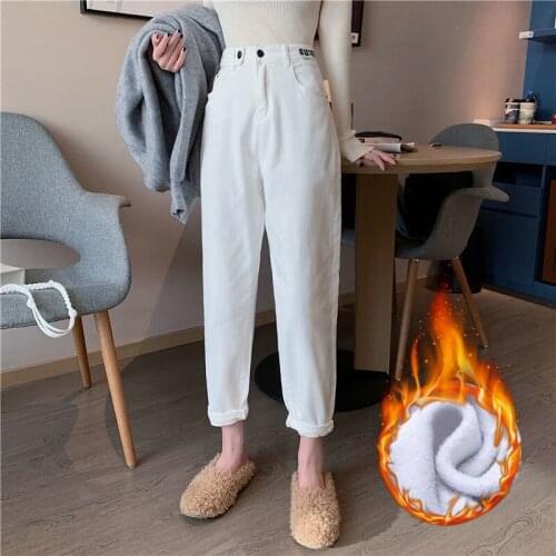 Thicken Multi-size Women Jeans 2020 Plush High Waist Straight Slim Baggy Student Casual Harem Denim Pants Female Trousers Winter