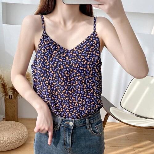 Korean Summer Chiffon Camisole for Women V Neck Loose Floral Print Sleeveless Tank Tops Bottoming Sexy Camis