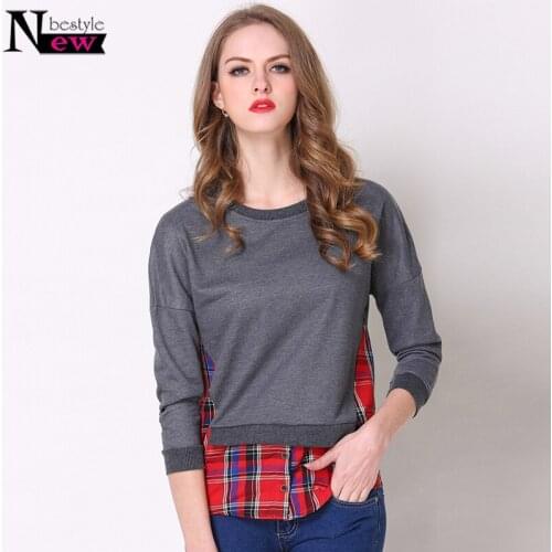 Women Fashion Pullovers Long Sleeve Plaid Splicing Pullover O-Neck Girls Hoodies Tops for Women Knitting Sweatshirt Big Size 5XL