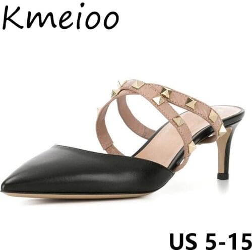 Kmeioo Fashion Shoes US Size 5-15 For Woman Rivets Studded Sandals Pointed Toe Thin Heels Slip On Mules Dress Ladies Shoes