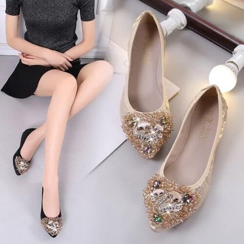 Exquisite beaded crystal fox shallow mouth single shoes Korean version of the soft bottom large size lazy womens shoes