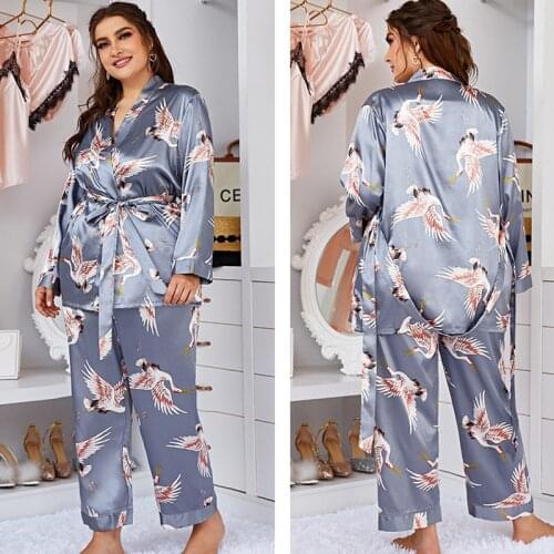 3XL Womens 3 Pieces Pajamas Sets Faux Silk Pyjama Women Sleepwear Sets Spring Summer Autumn Homewear